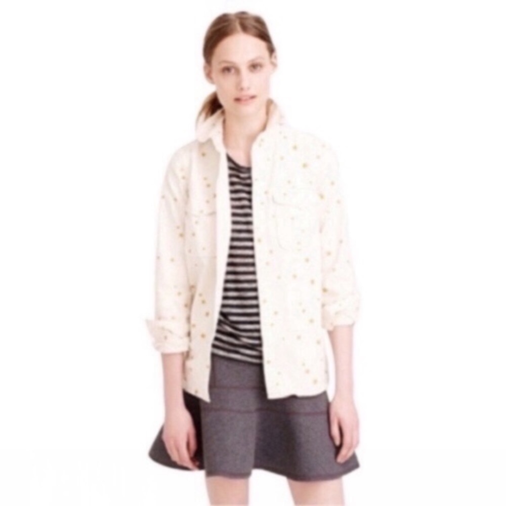 J.Crew Star Print Button Down XS Cream Gold Collared Cotton Blouse Casual Preppy